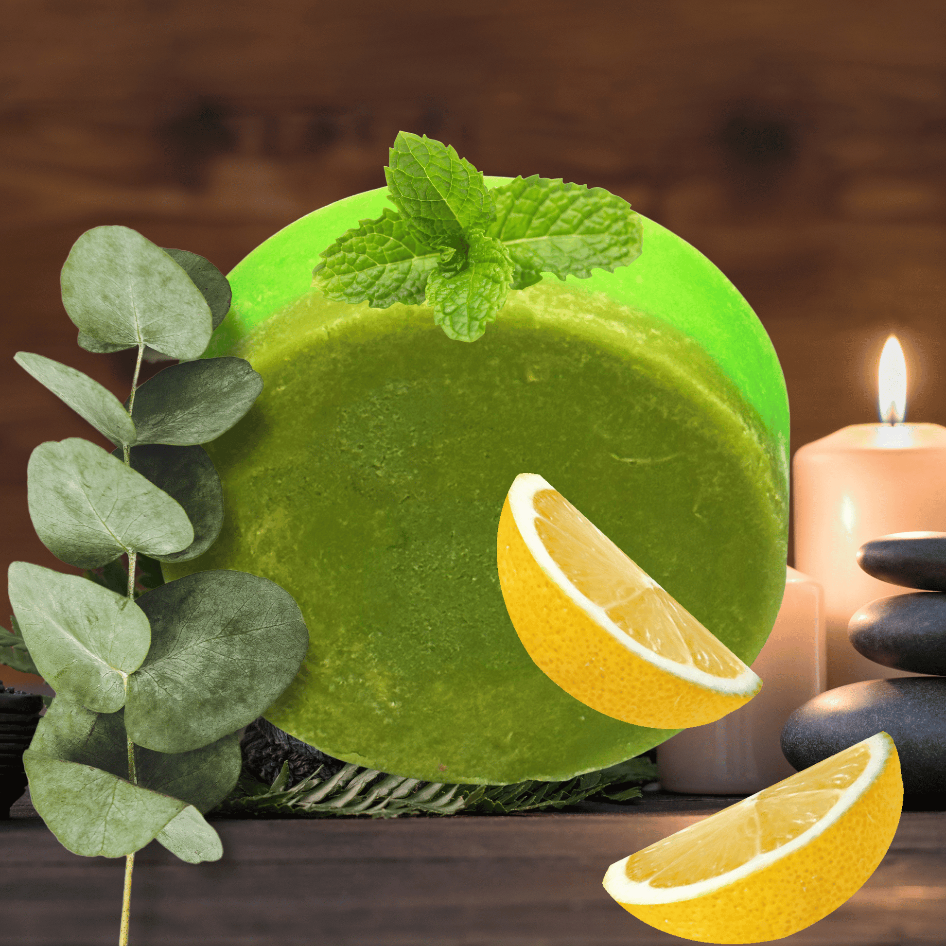Green soap with lemon slices and eucalyptus leaves on a wooden background