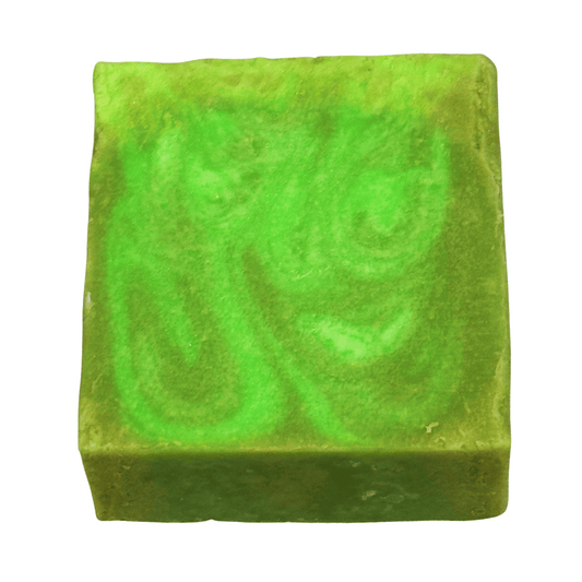 Green soap bar with swirling pattern on a white background