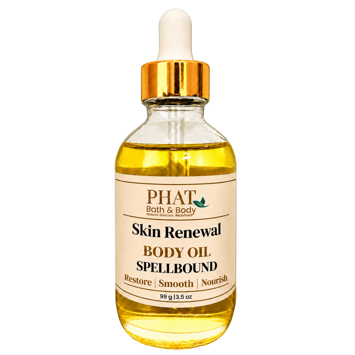 Phat Bath & Body Spellbound Skin Renewal Body Oil, 3.5 oz golden body oil in a clear glass dropper bottle with a gold cap and cream label.