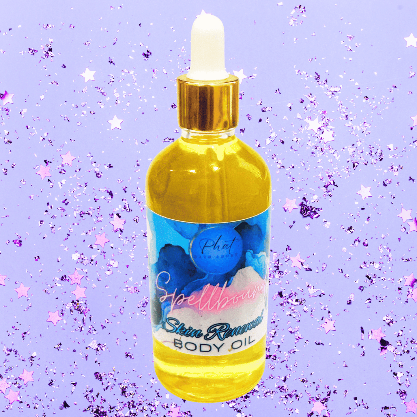 Bottle of body oil with a dropper on a purple background with star confetti