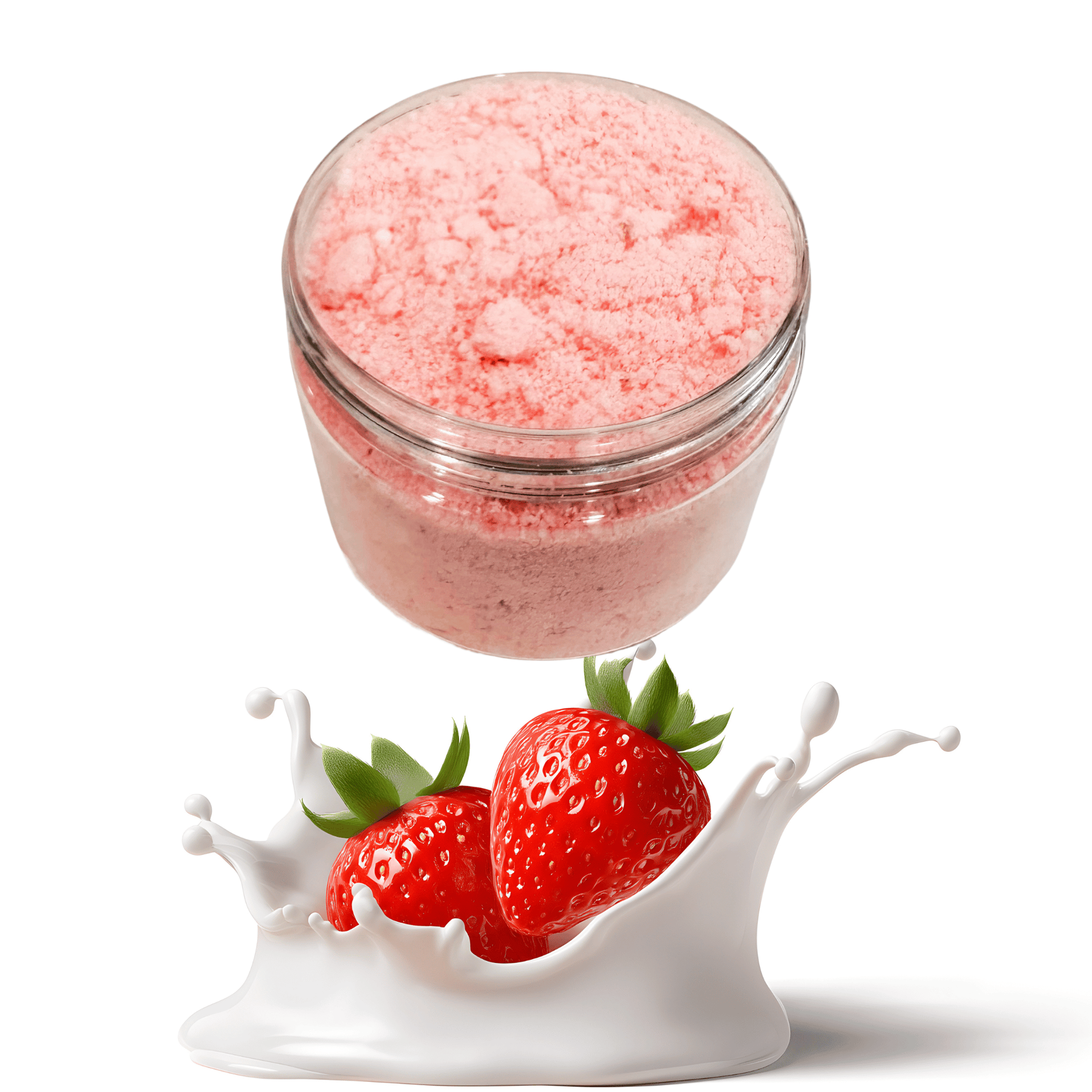Jar of pink powder with strawberries and milk splash on a white background
