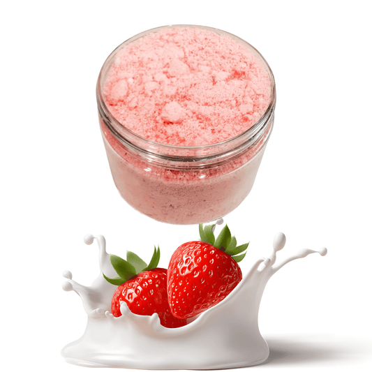 Jar of pink powder with strawberries and milk splash on a white background