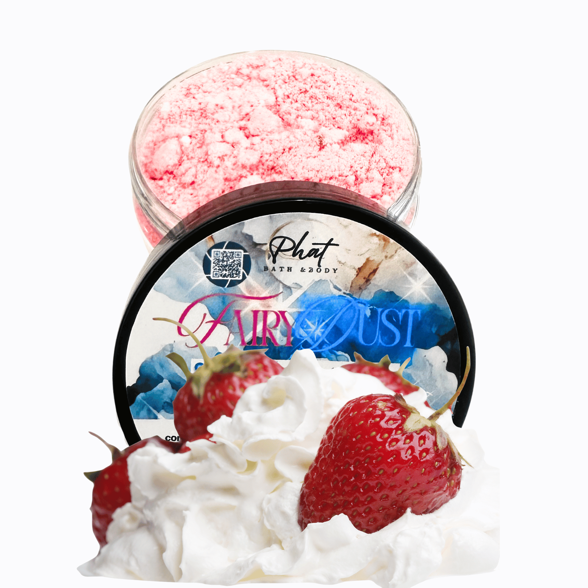 Bath bomb powder container with 'Fairy Dust Scent Strawberries & Cream label on a white background