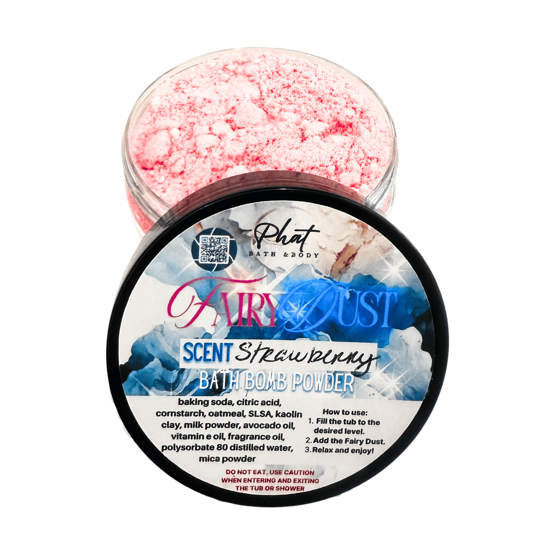 Fairy Dust Scent Strawberry bath bomb powder with packaging on a white background
