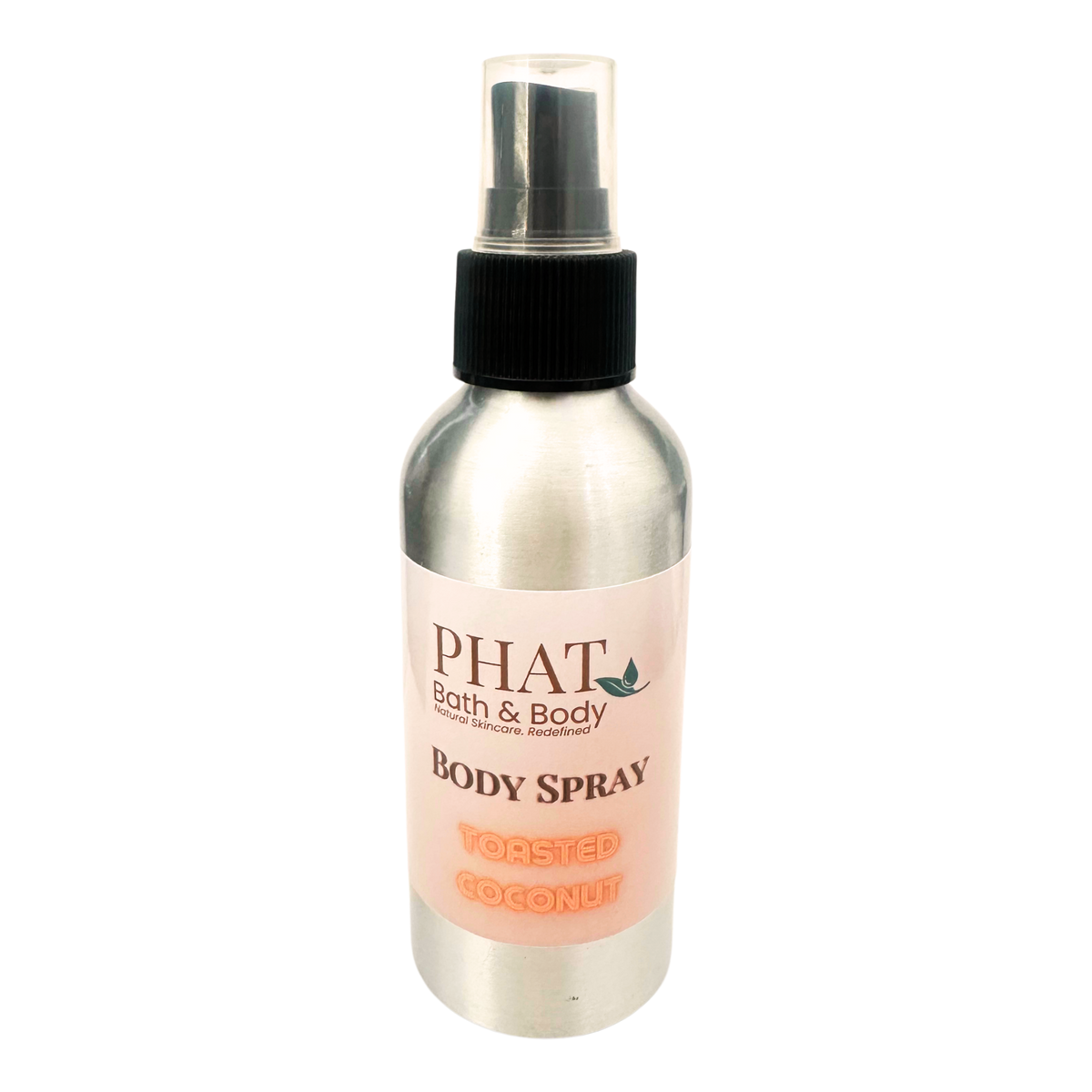 Body spray bottle with pink label on a white background