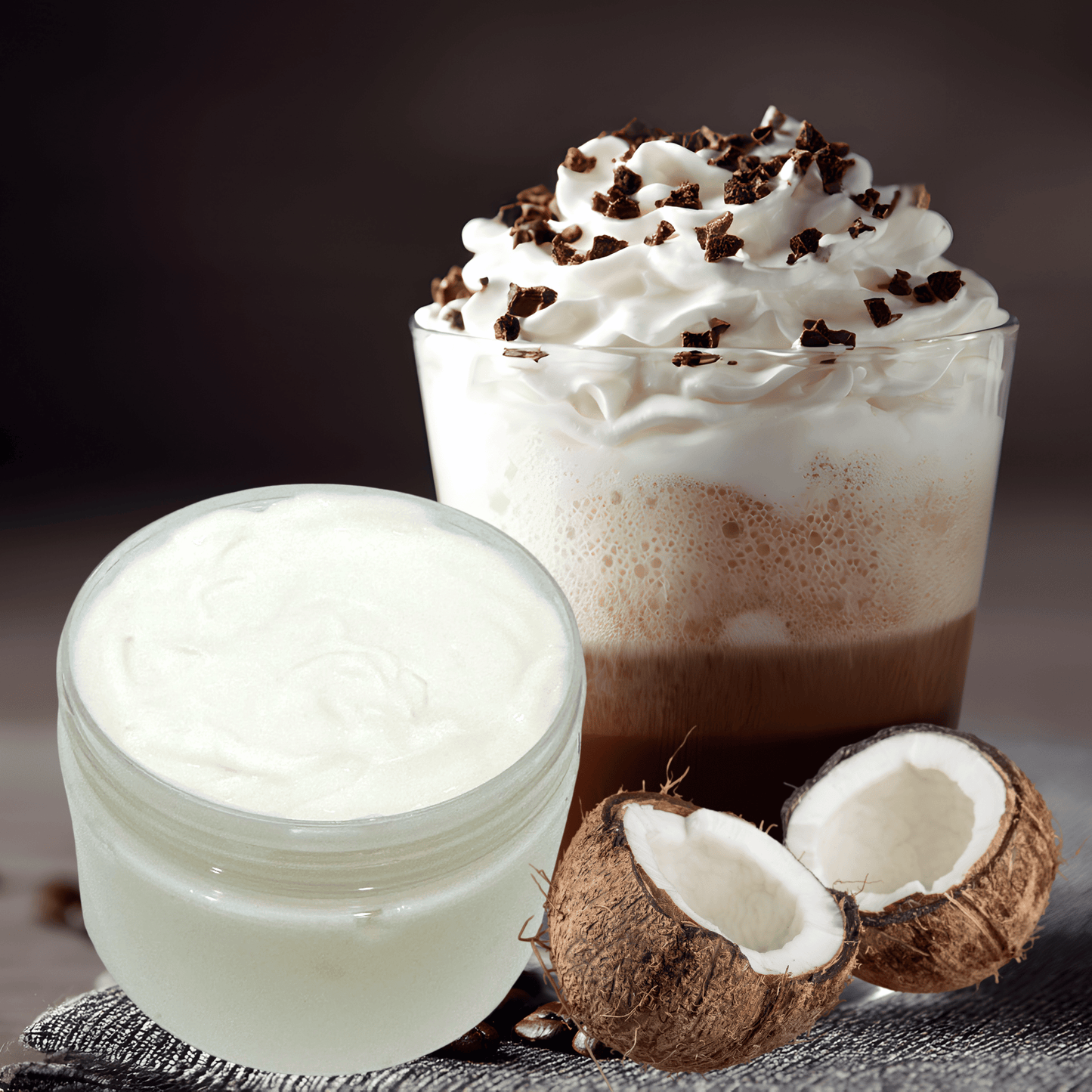 Toasted Coconut body lotion with whipped cream and chocolate shavings on a dark background