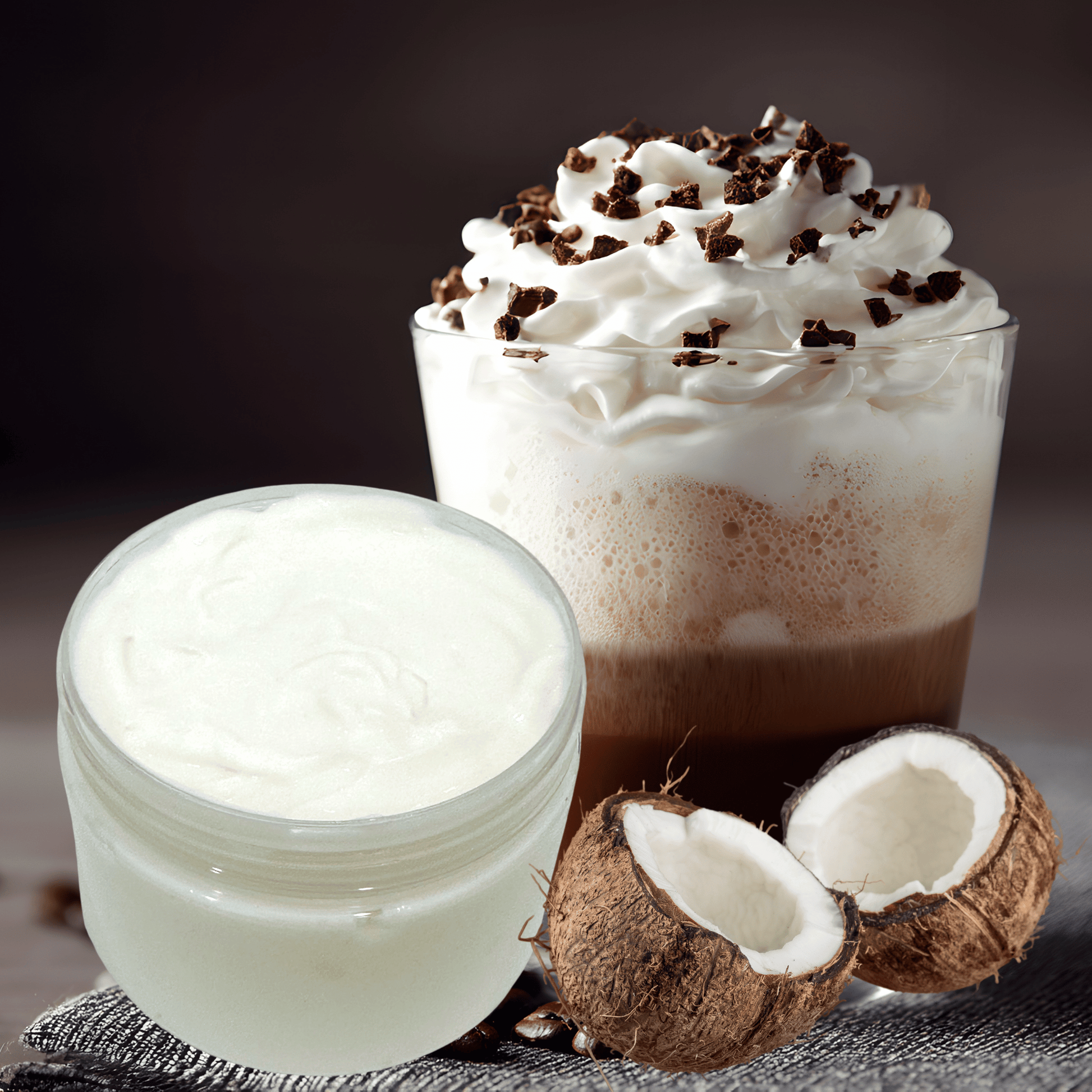 Toasted Coconut body lotion with whipped cream and chocolate shavings on a dark background