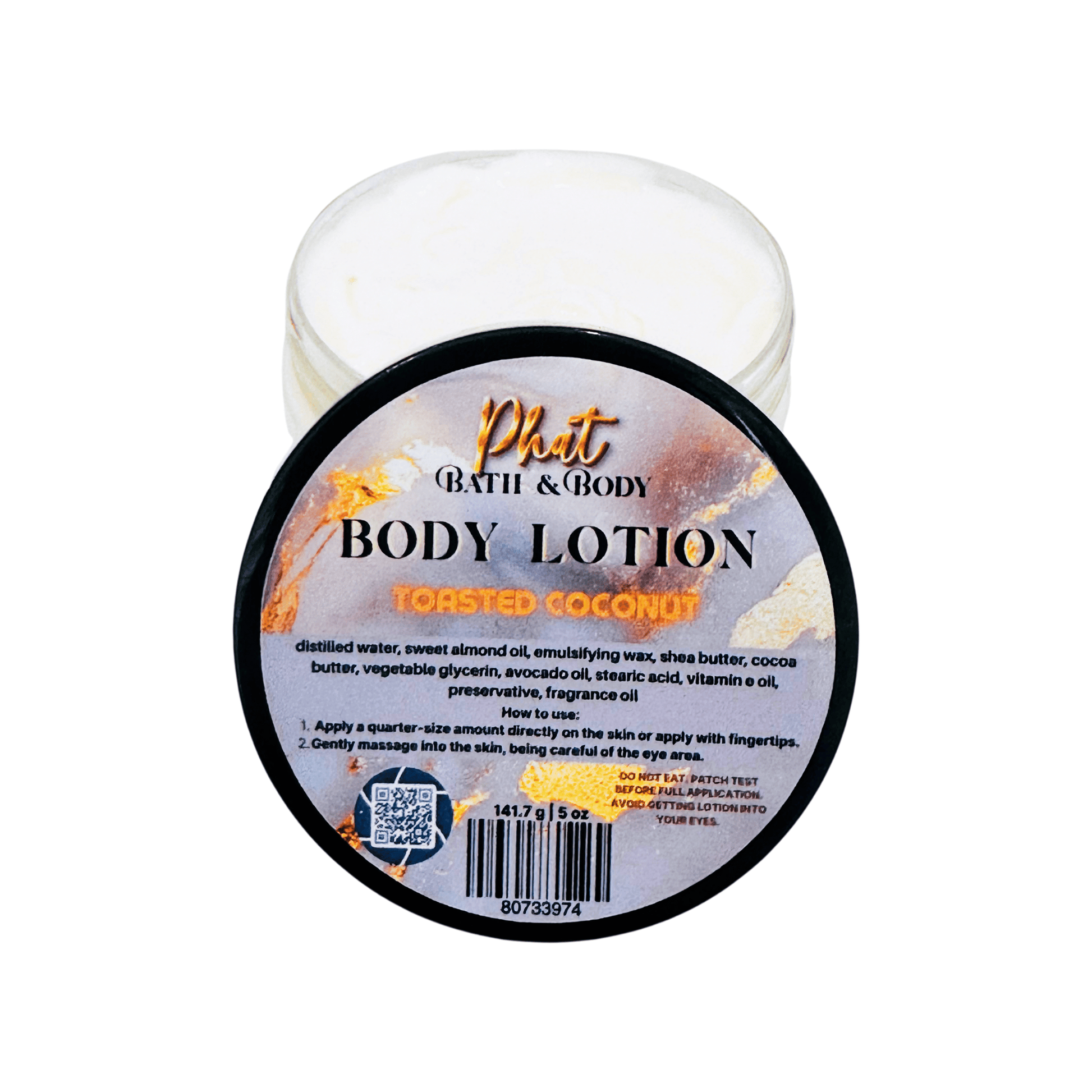 Body lotion jar with 'Phat Bath & Body' label on a white background