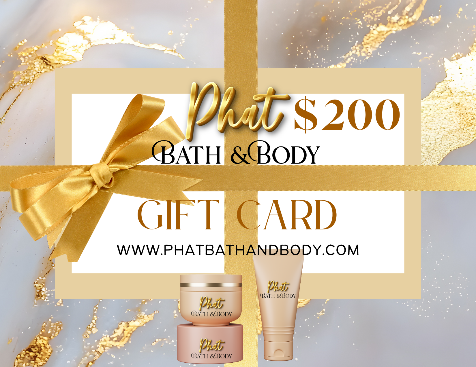 Gift card with 'Phat Bath & Body' branding and products on a decorative background