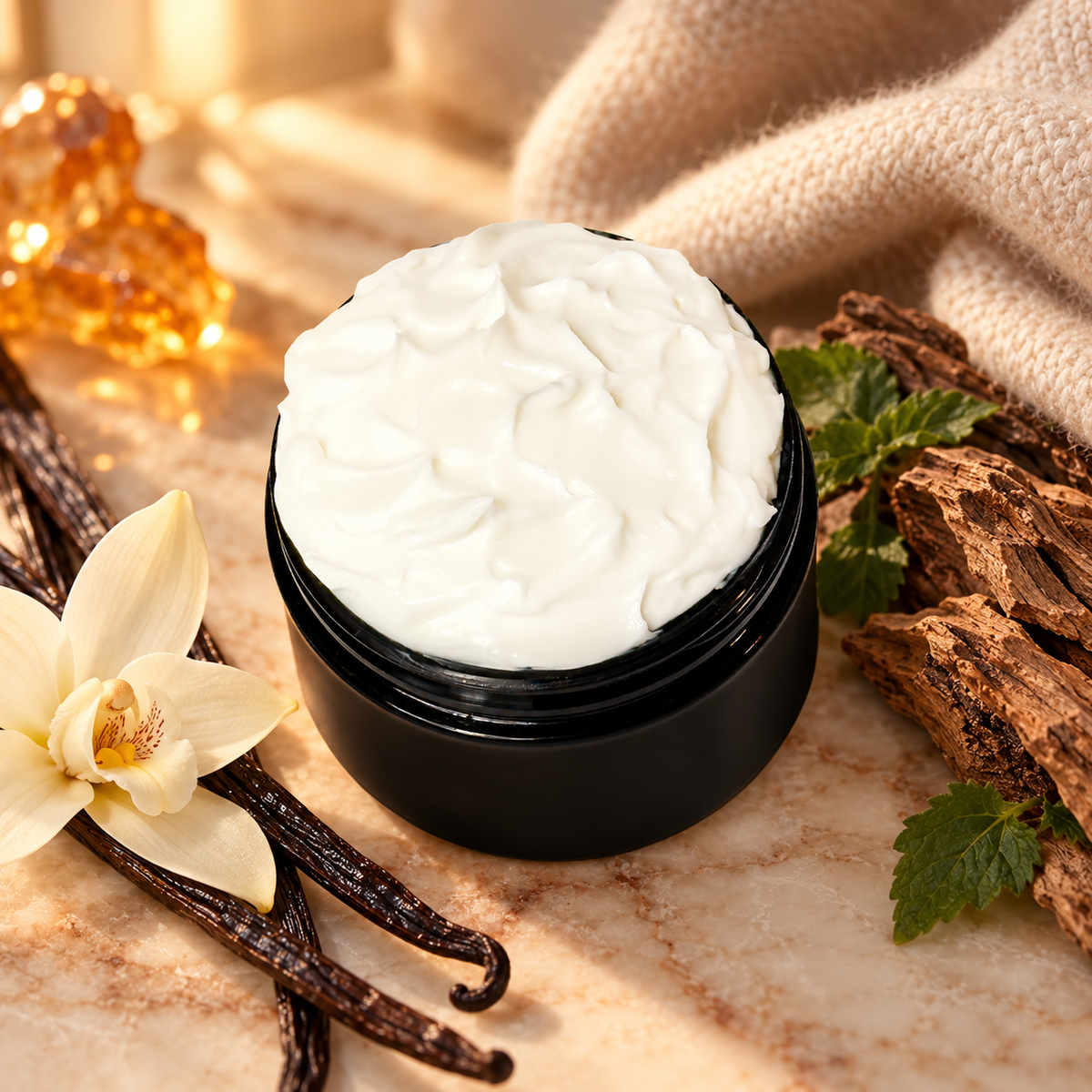 Open jar of Phat Bath & Body Vanilla Patchouli Body Lotion with vanilla, patchouli, warm woods and cashmere inspired styling.