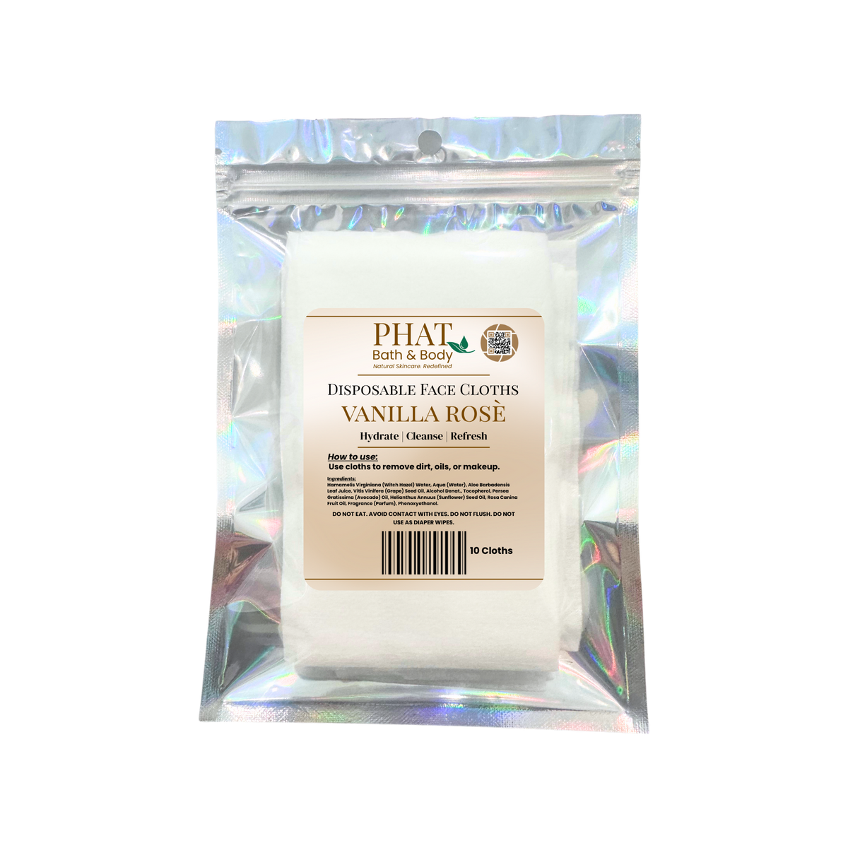 Pack of disposable face cloths with 'Phat Bath & Body' branding on a white background
