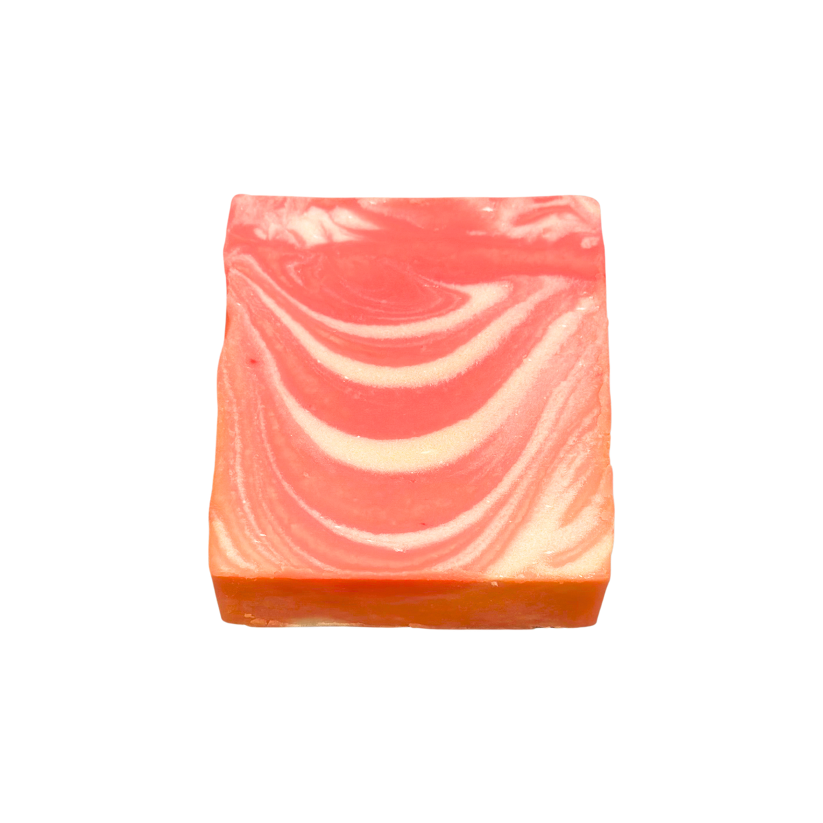 Swirled pink and orange soap bar on a white background