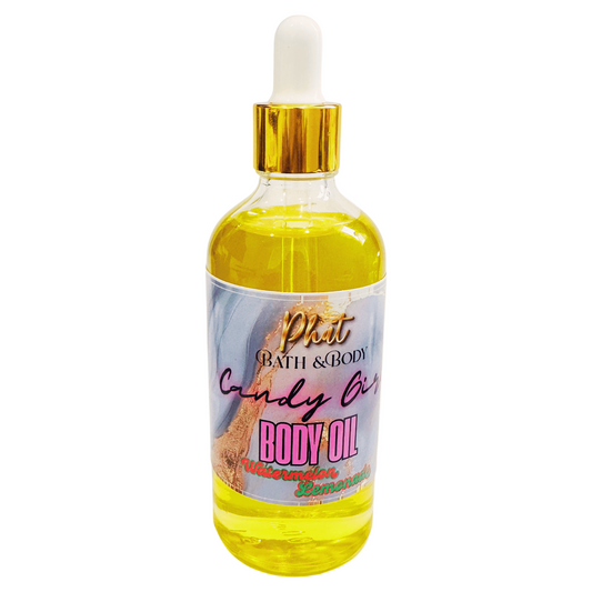 Body oil dropper bottle with colorful label on a white background