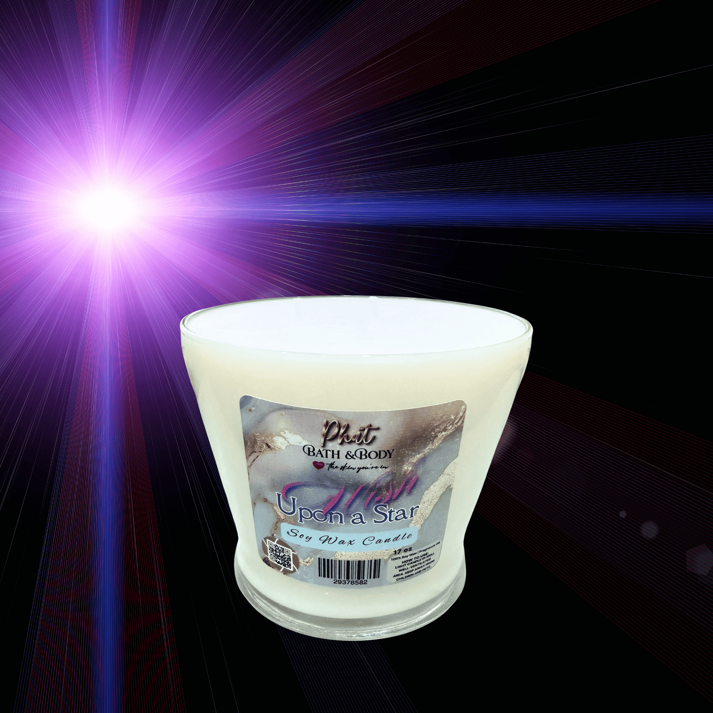 Candle with a label on a dark background with light effects