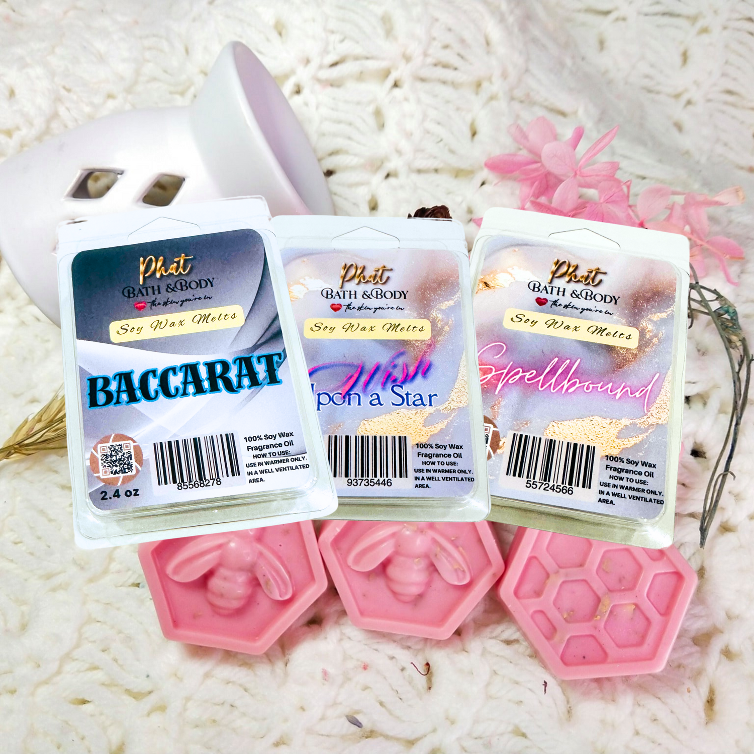 assorted wax melts on a white background