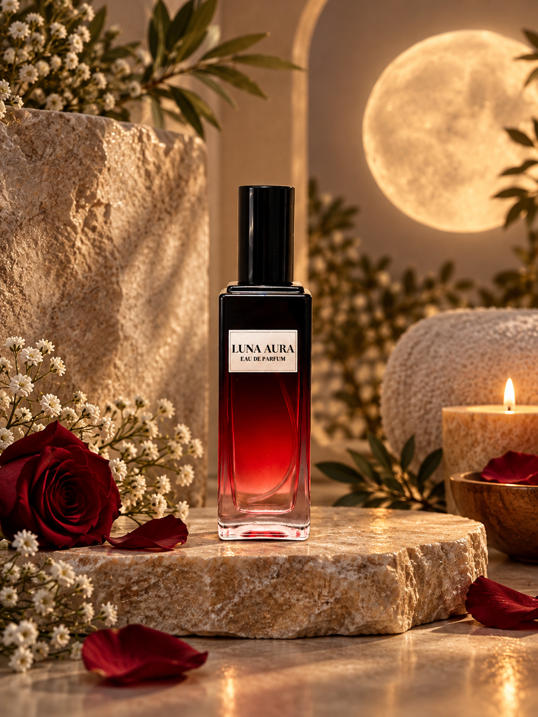 Luna Aura women’s Eau de Parfum bottle in an elegant moonlit luxury setting.