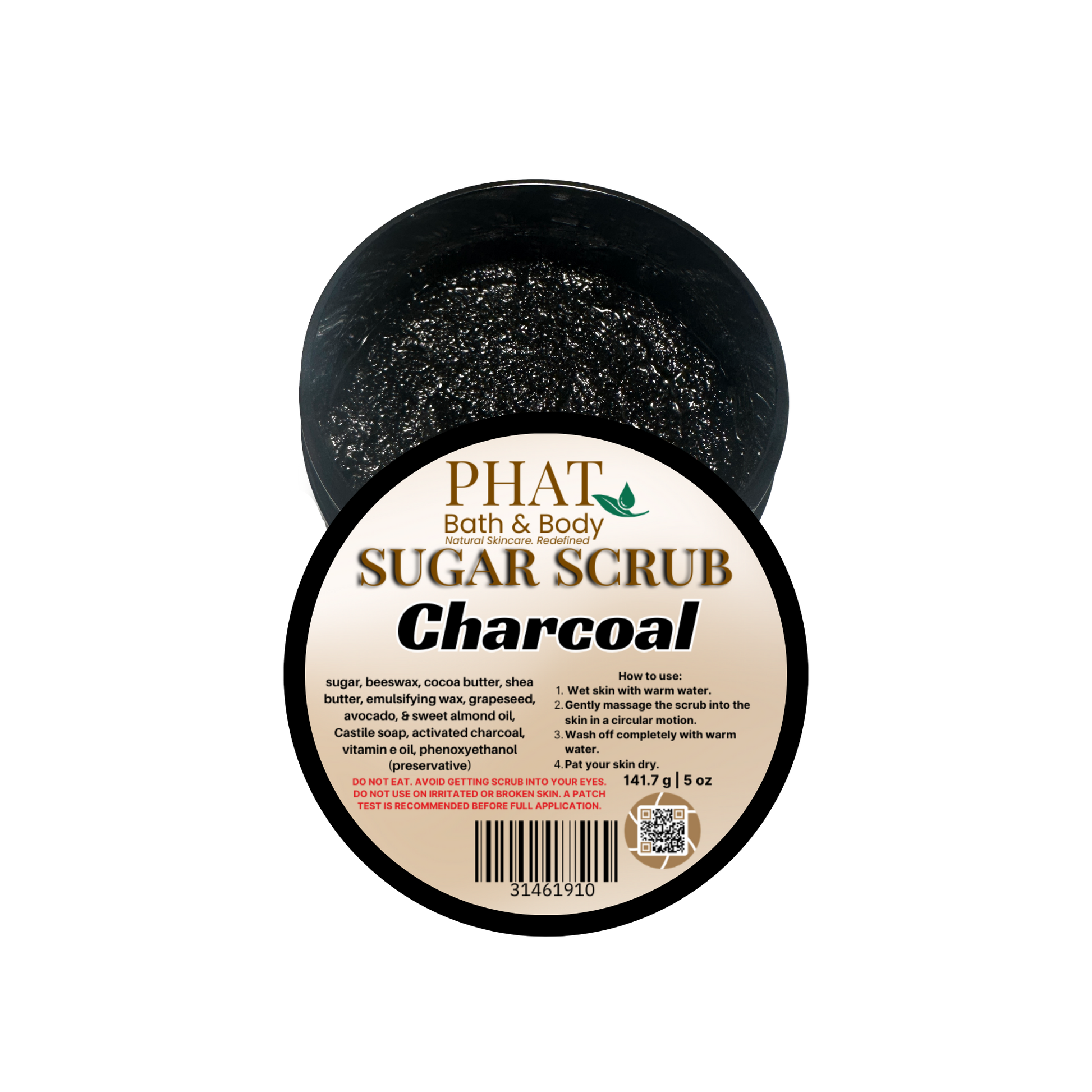 Charcoal sugar scrub container with 'Phat Bath & Body' label on a white background