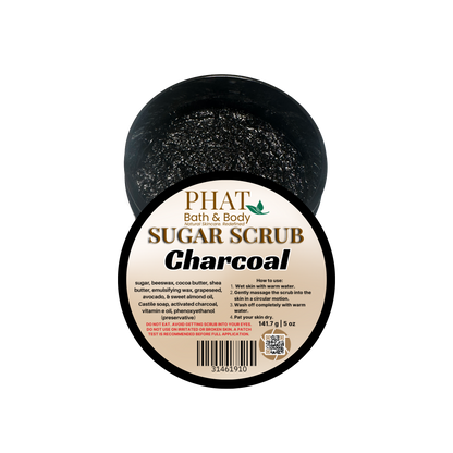 Charcoal sugar scrub container with 'Phat Bath & Body' label on a white background