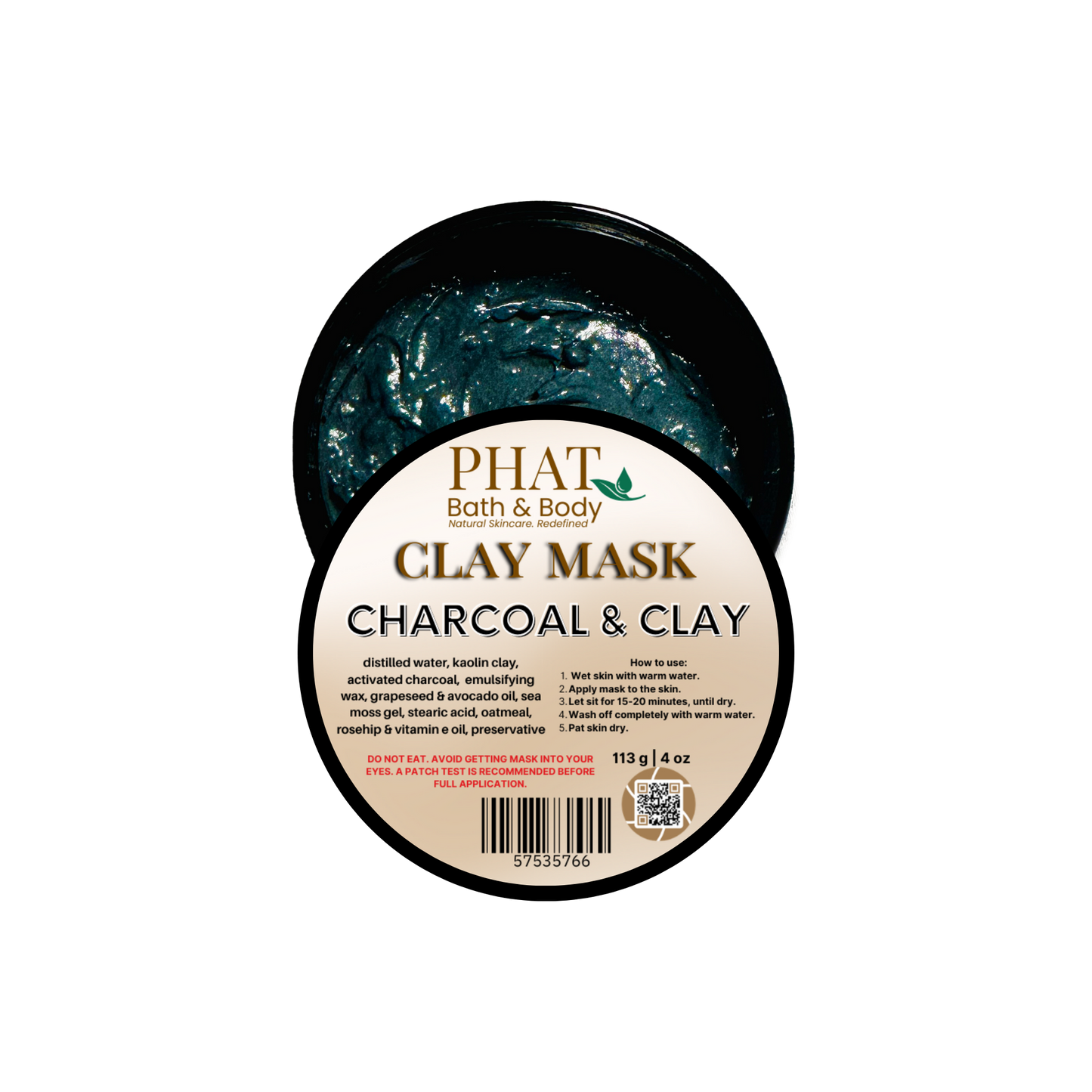 Clay mask container with charcoal and clay label on a white background