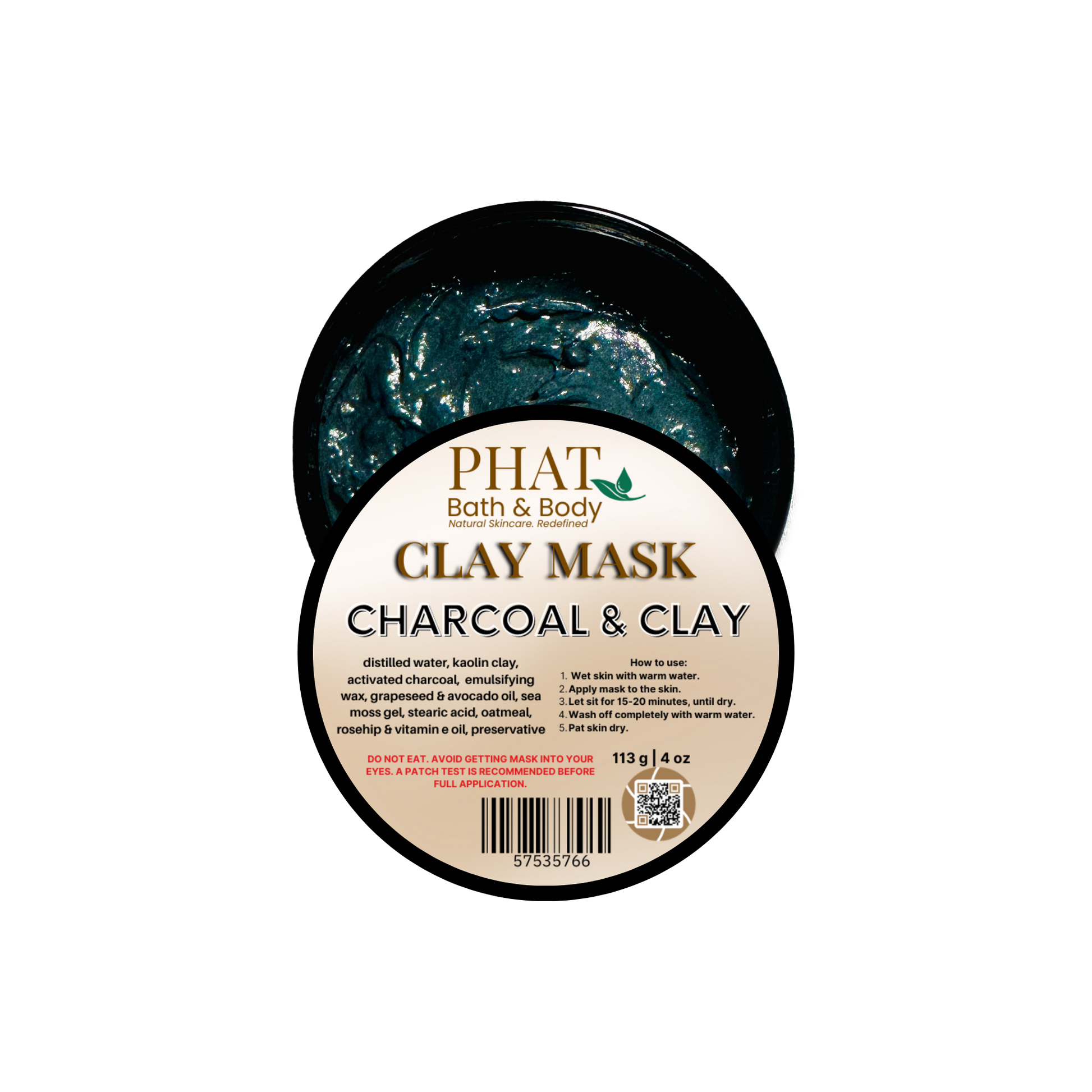 Clay mask container with charcoal and clay label on a white background