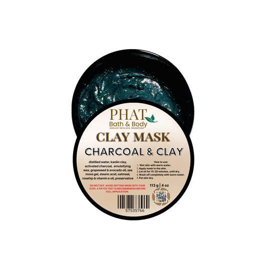 Clay mask container with charcoal and clay label on a white background