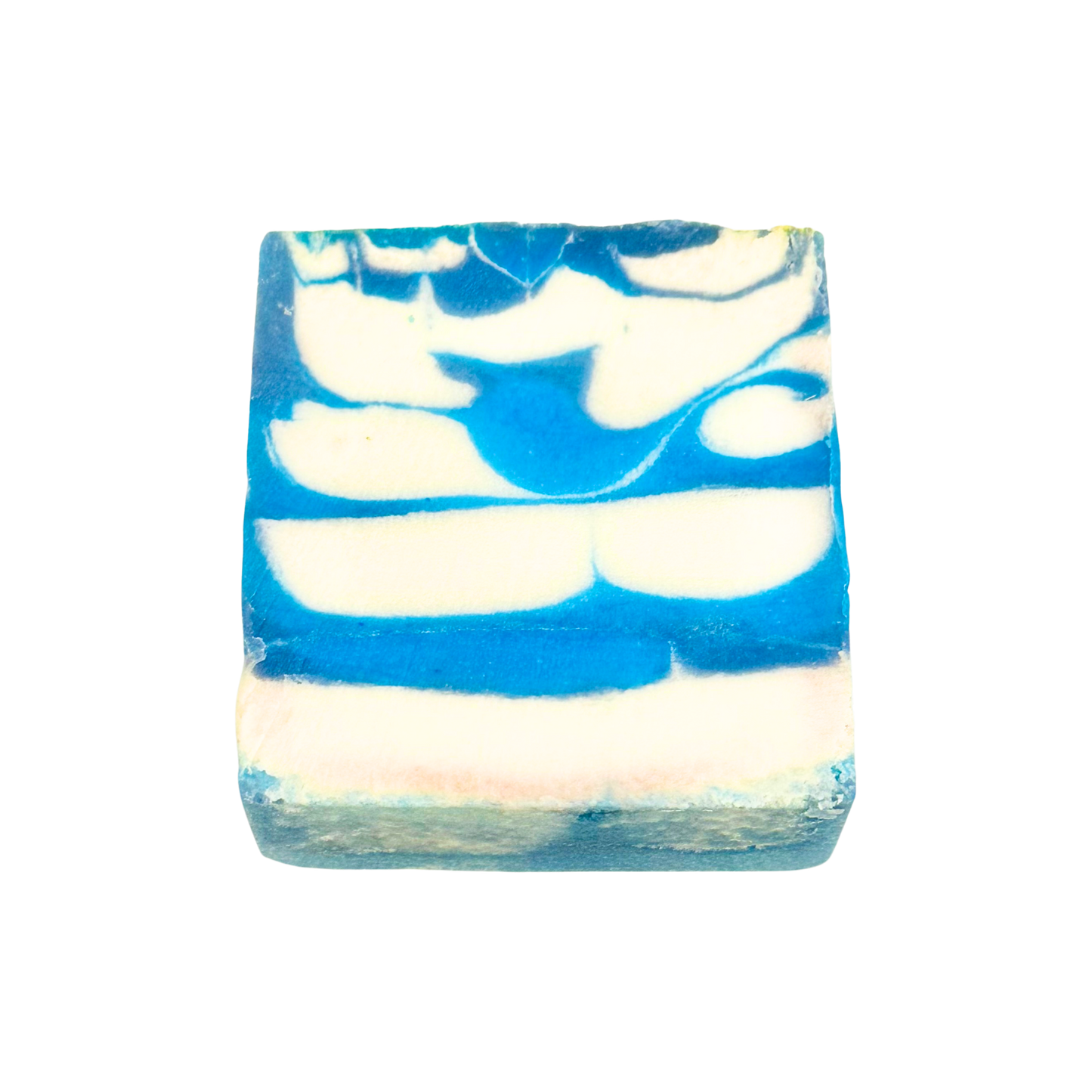 Bar of soap with blue and white swirl pattern on a white background