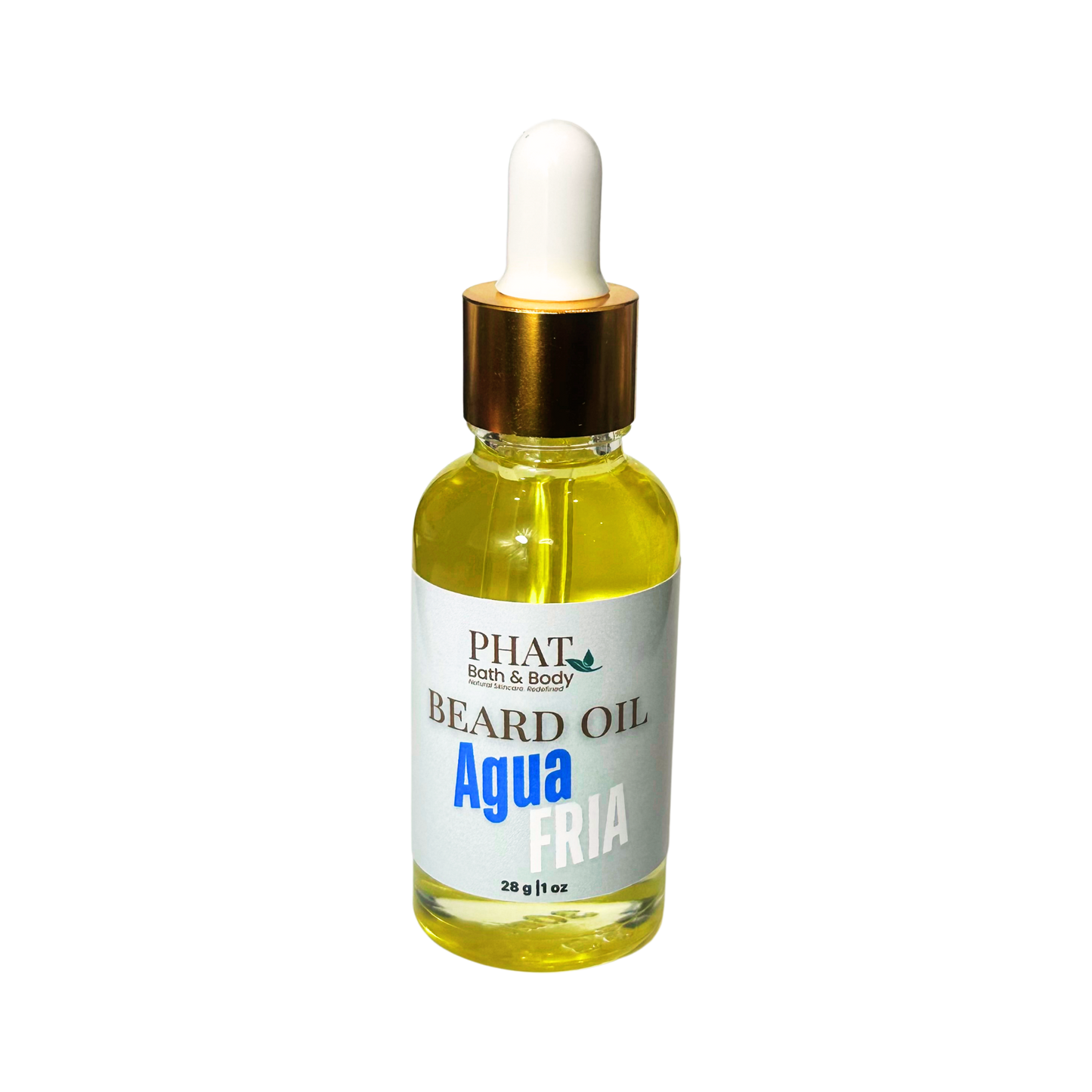 Bottle of Phat Bath & Body beard oil with a dropper on a white background