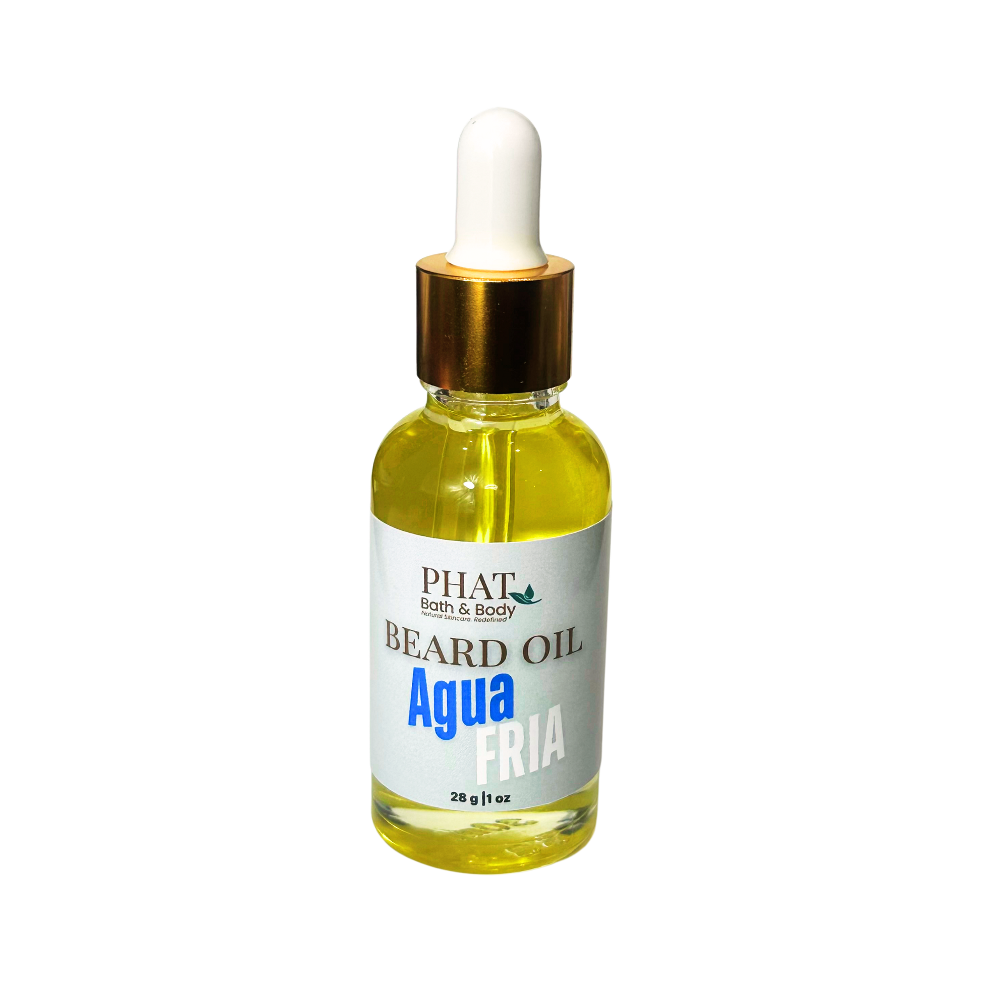 Bottle of Phat Bath & Body beard oil with a dropper on a white background