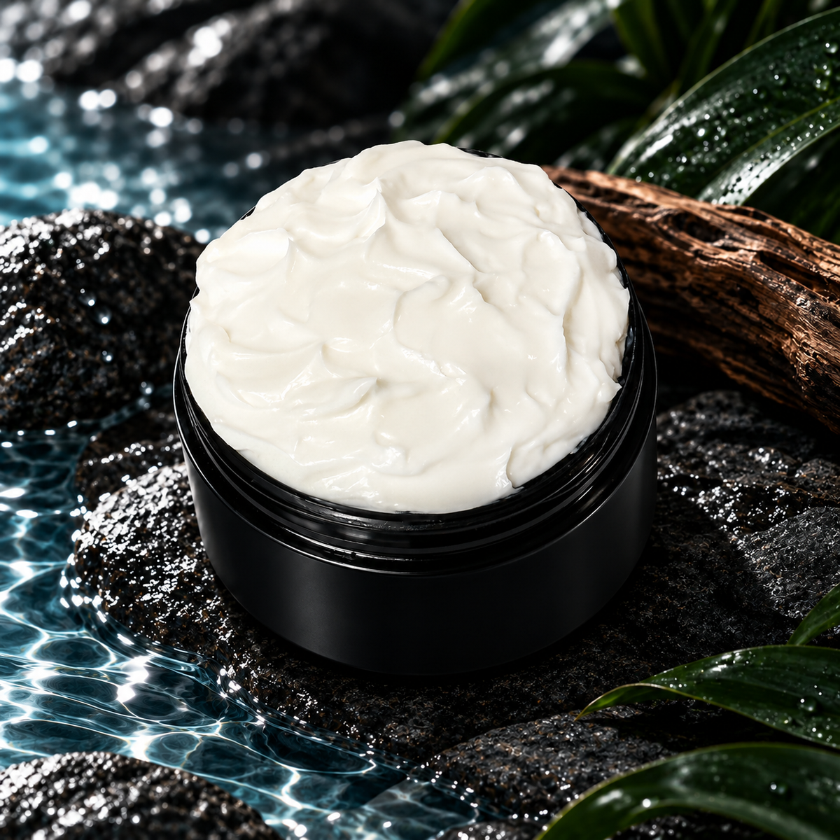 Agua Fria Men’s Body Lotion in a black jar surrounded by dark stone, cool water, wood, and deep green foliage.