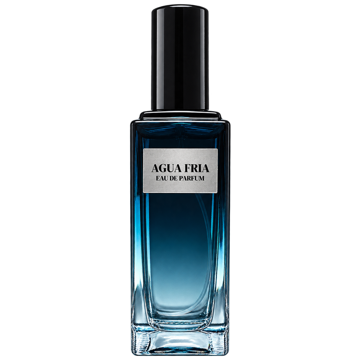 Phat Bath & Body Agua Fria men's Eau de Parfum in a tall rectangular dark blue glass bottle with a glossy black cap and silver label, isolated on a transparent background.