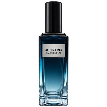 Phat Bath & Body Agua Fria men's Eau de Parfum in a tall rectangular dark blue glass bottle with a glossy black cap and silver label, isolated on a transparent background.