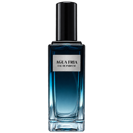 Phat Bath & Body Agua Fria men's Eau de Parfum in a tall rectangular dark blue glass bottle with a glossy black cap and silver label, isolated on a transparent background.