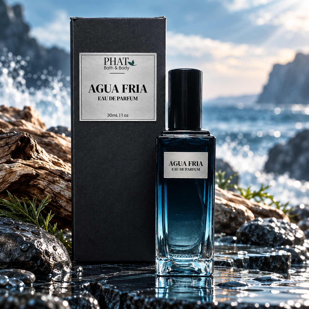 Agua Fria men's Eau de Parfum bottle and black branded packaging displayed on wet coastal rocks with driftwood, ocean waves, and cool blue marine-inspired scenery.