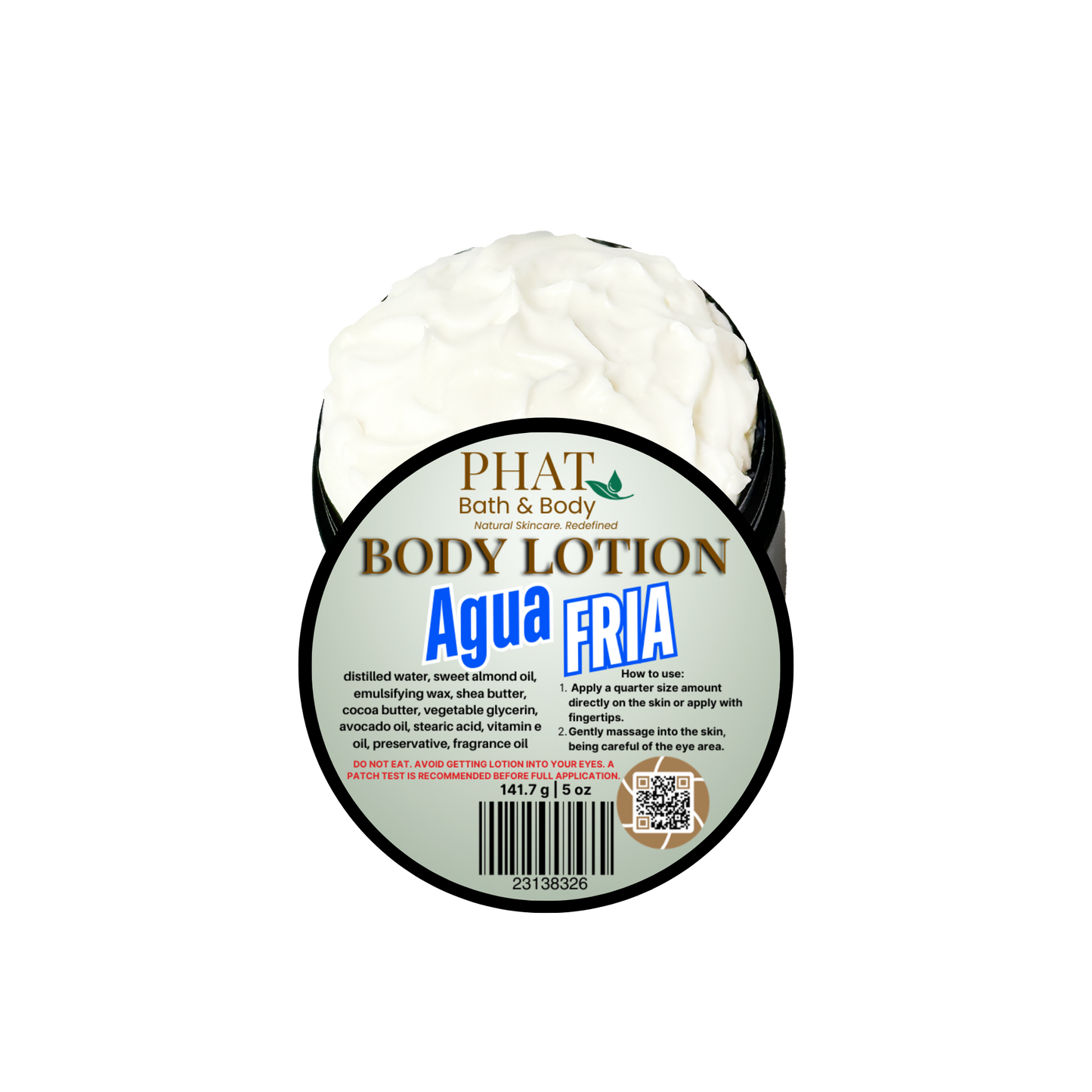 Body lotion container with 'Phat Bath & Body' label on a white background