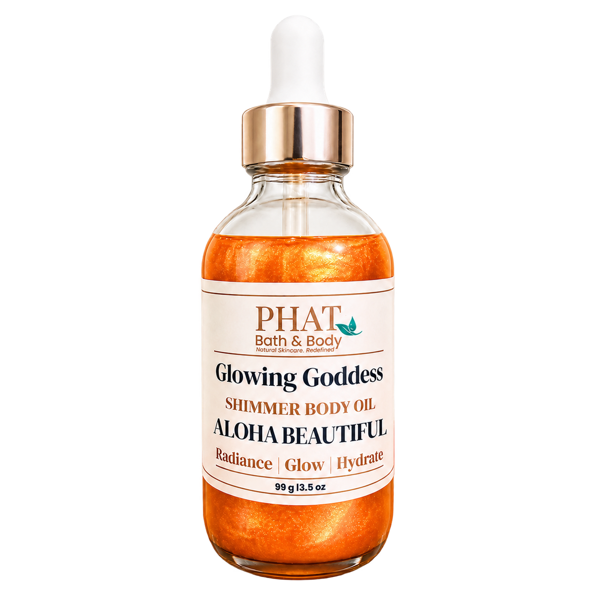 Phat Bath & Body Glowing Goddess Shimmer Body Oil in Aloha Beautiful, 3.5 oz glass dropper bottle with radiant orange-gold shimmer oil.