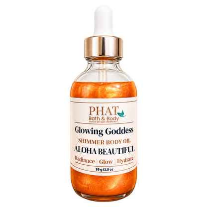 Phat Bath & Body Glowing Goddess Shimmer Body Oil in Aloha Beautiful, 3.5 oz glass dropper bottle with radiant orange-gold shimmer oil.
