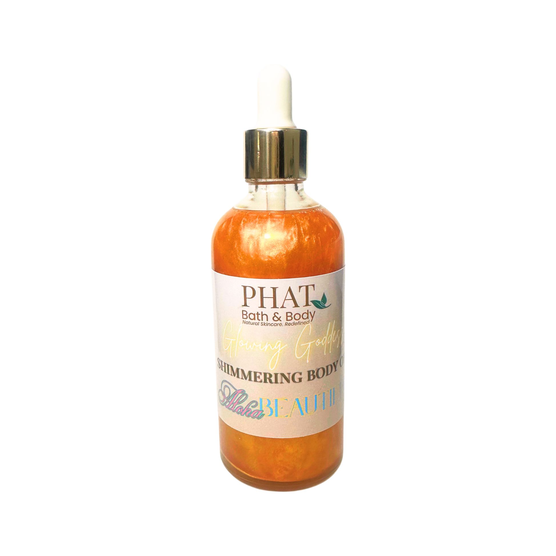 Bottle of 'Phat Bath & Body' shimmering body oil on a white background