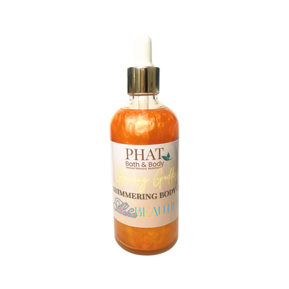Bottle of 'Phat Bath & Body' shimmering body oil on a white background