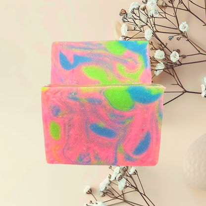 Colorful marbled soap bar with a plain background