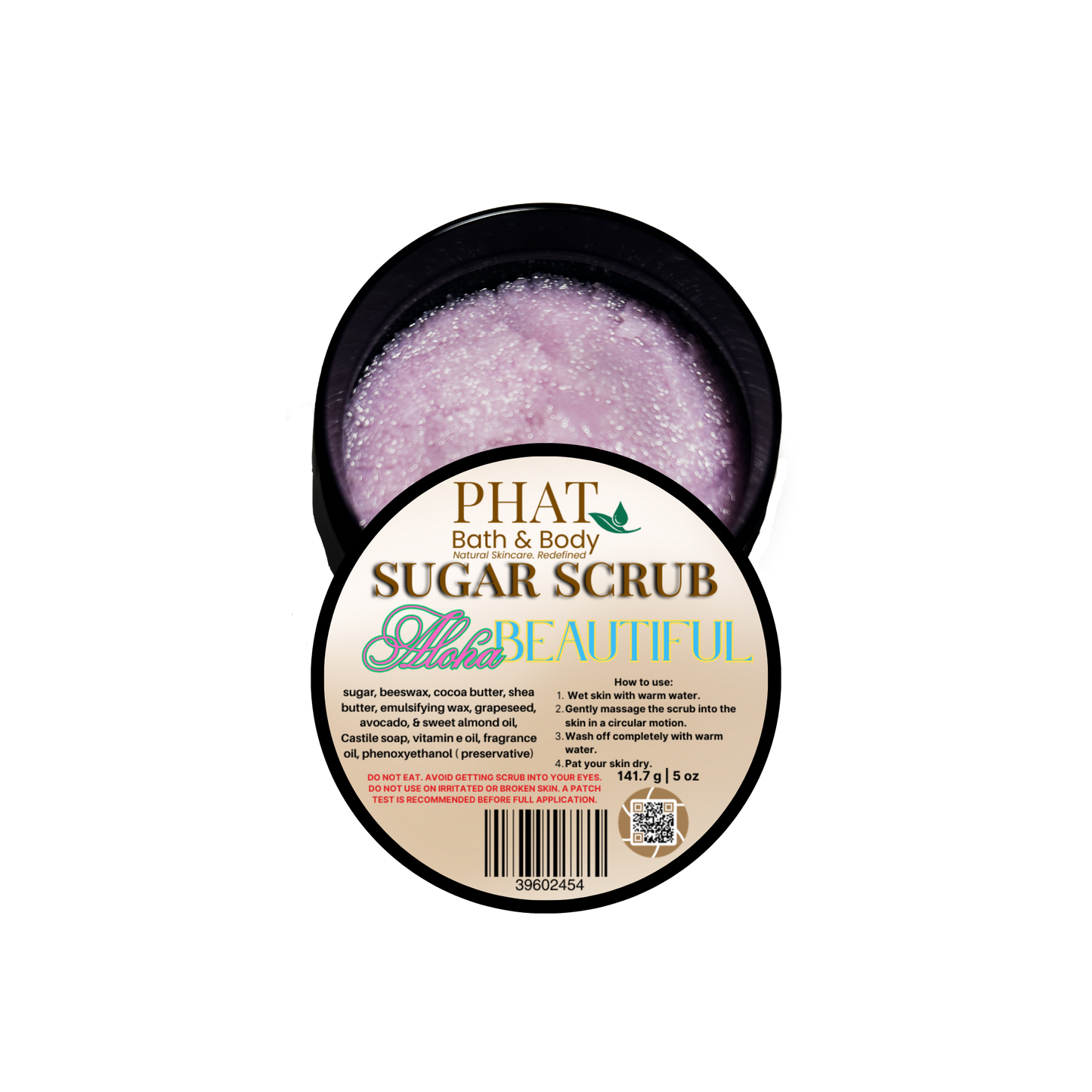 Sugar scrub container with purple scrub and visible label on a white background