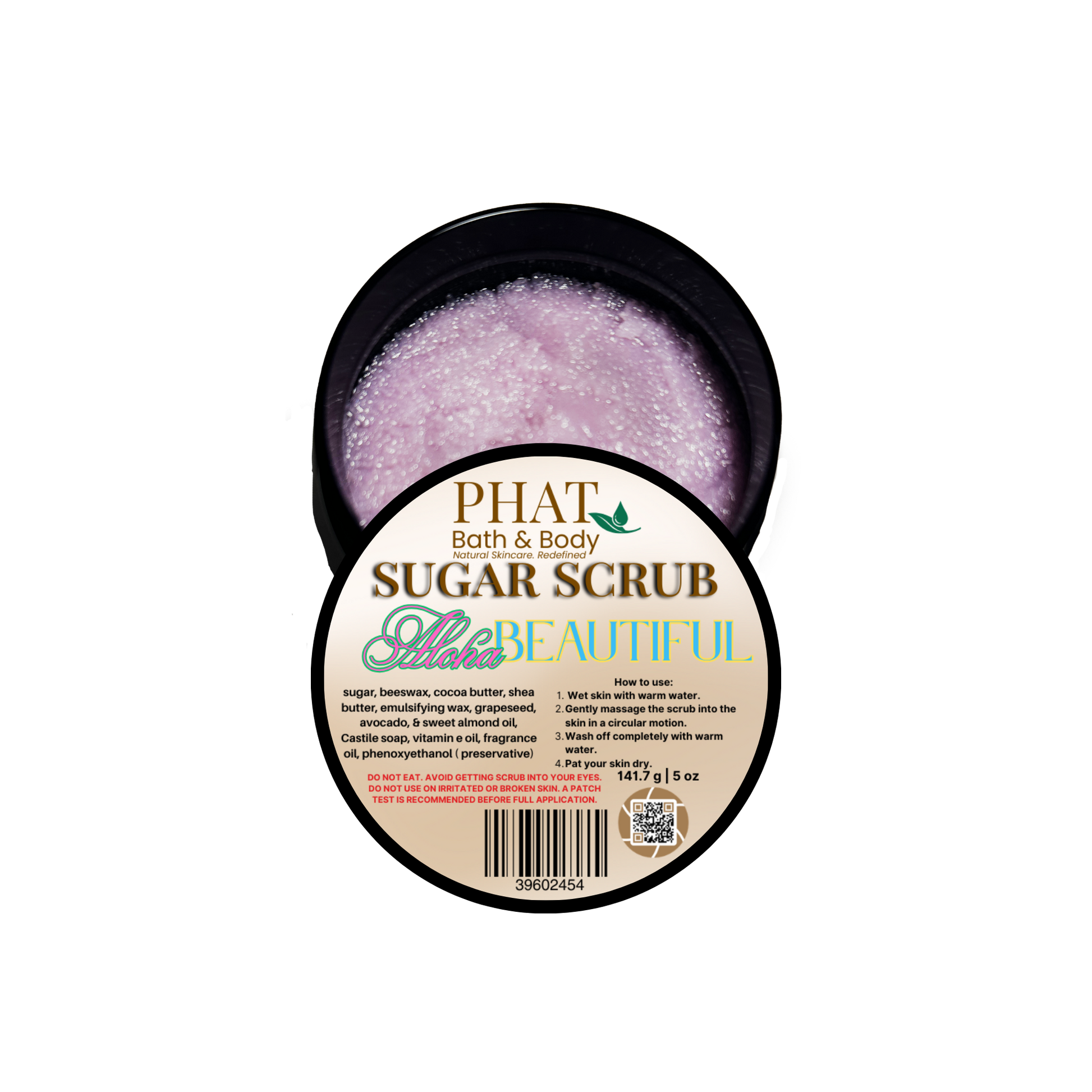 Sugar scrub container with purple scrub and visible label on a white background