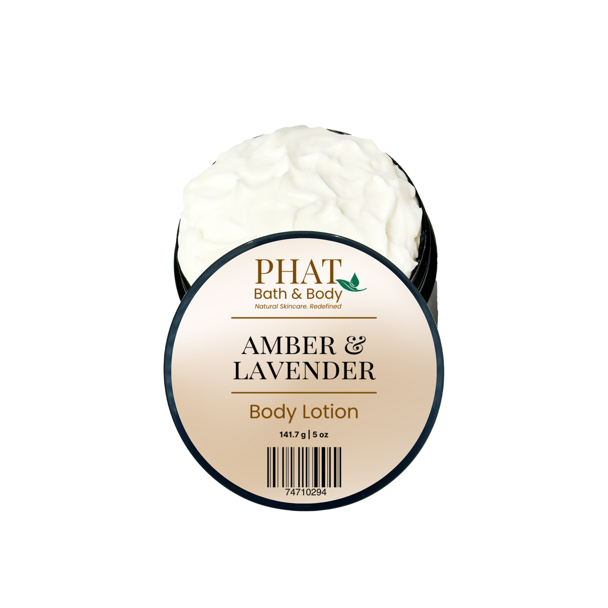 Open black jar of Amber & Lavender Body Lotion with Phat Bath & Body labeled lid and rich white lotion.