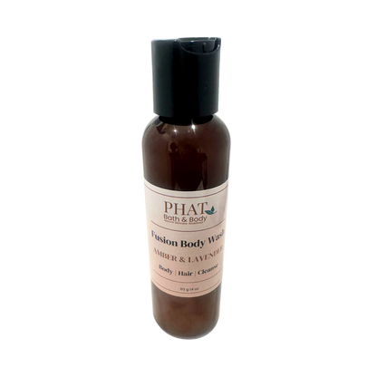 Brown bottle with black cap labeled 'PHAT Bath & Body' on a white background