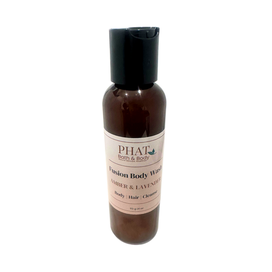 Brown bottle with black cap labeled 'PHAT Bath & Body' on a white background