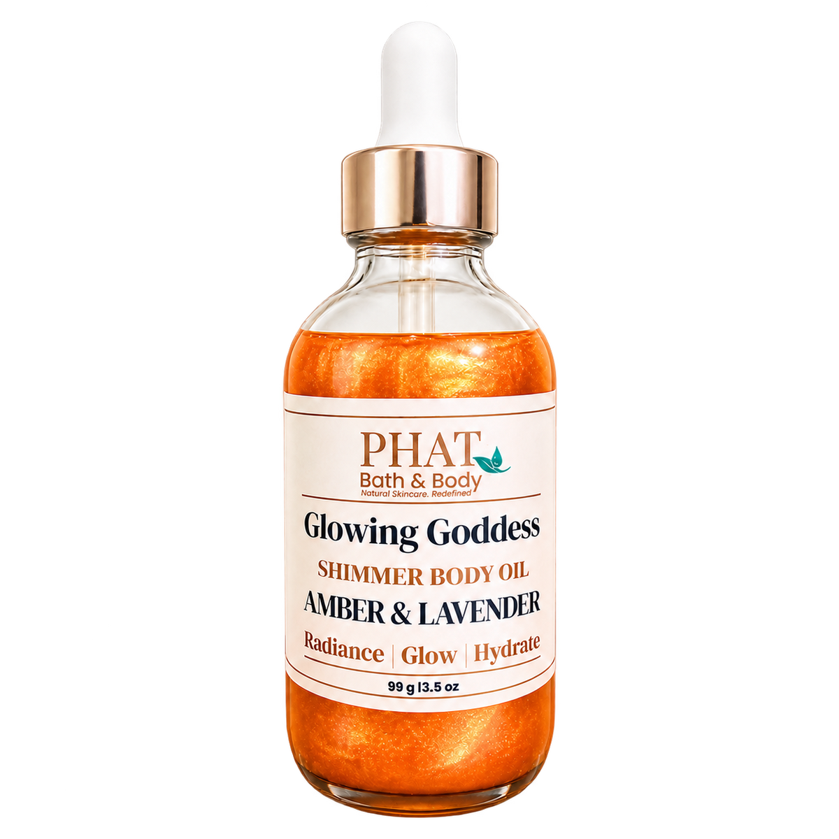 Phat Bath & Body Glowing Goddess Shimmer Body Oil in Amber & Lavender, 3.5 oz glass dropper bottle with luminous orange-gold shimmer.