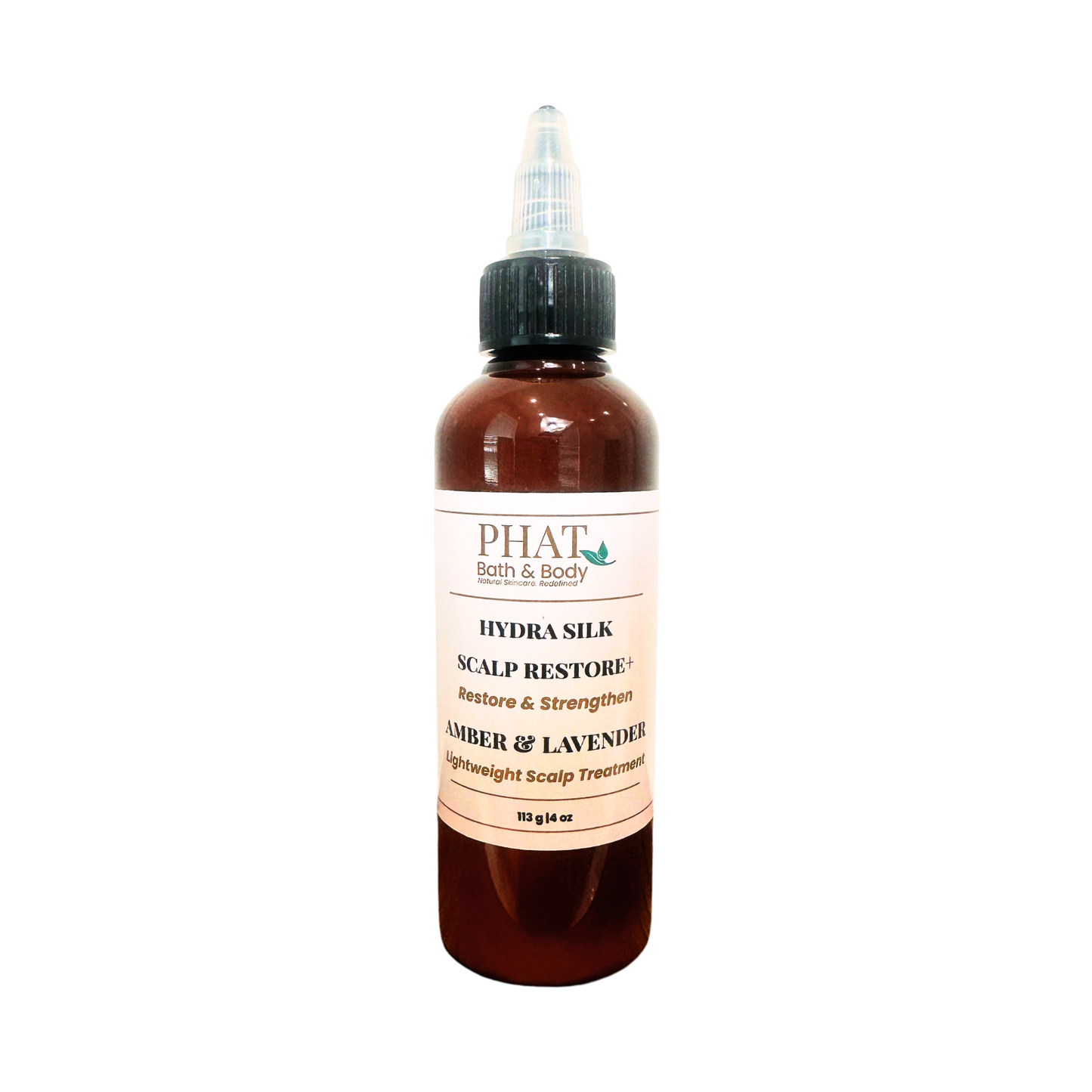 A amber bottle of PHAT Bath & Body Scalp Restore+ hair treatment with a black dropper cap and a cream-colored label, set against a plain white background.