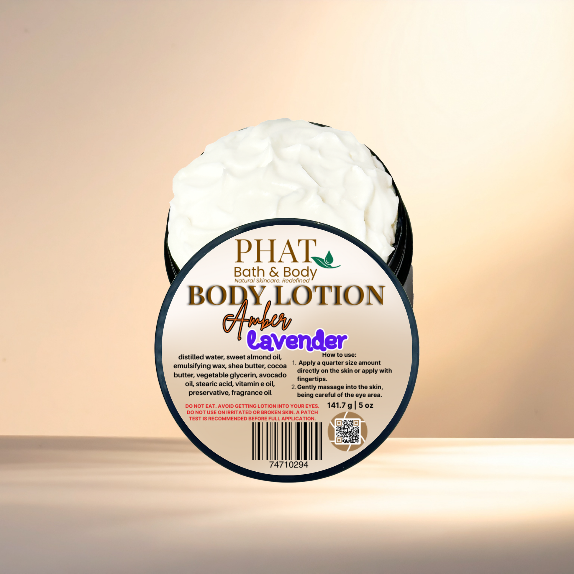 Body lotion container with 'Phat Bath & Body' branding on a gradient background