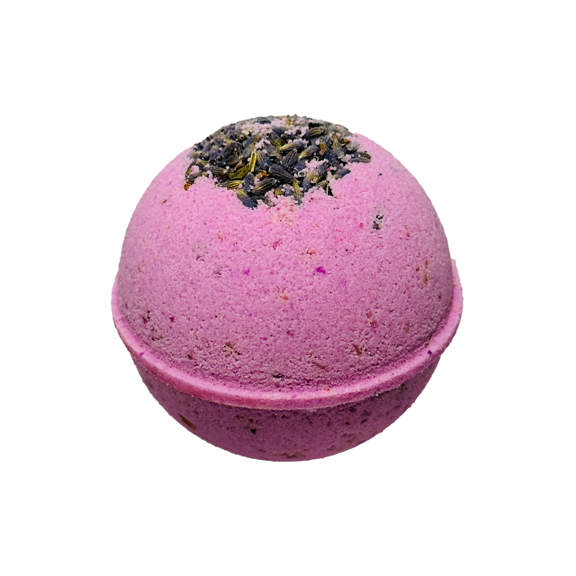 Purple bath bomb with lavender on top against a white background