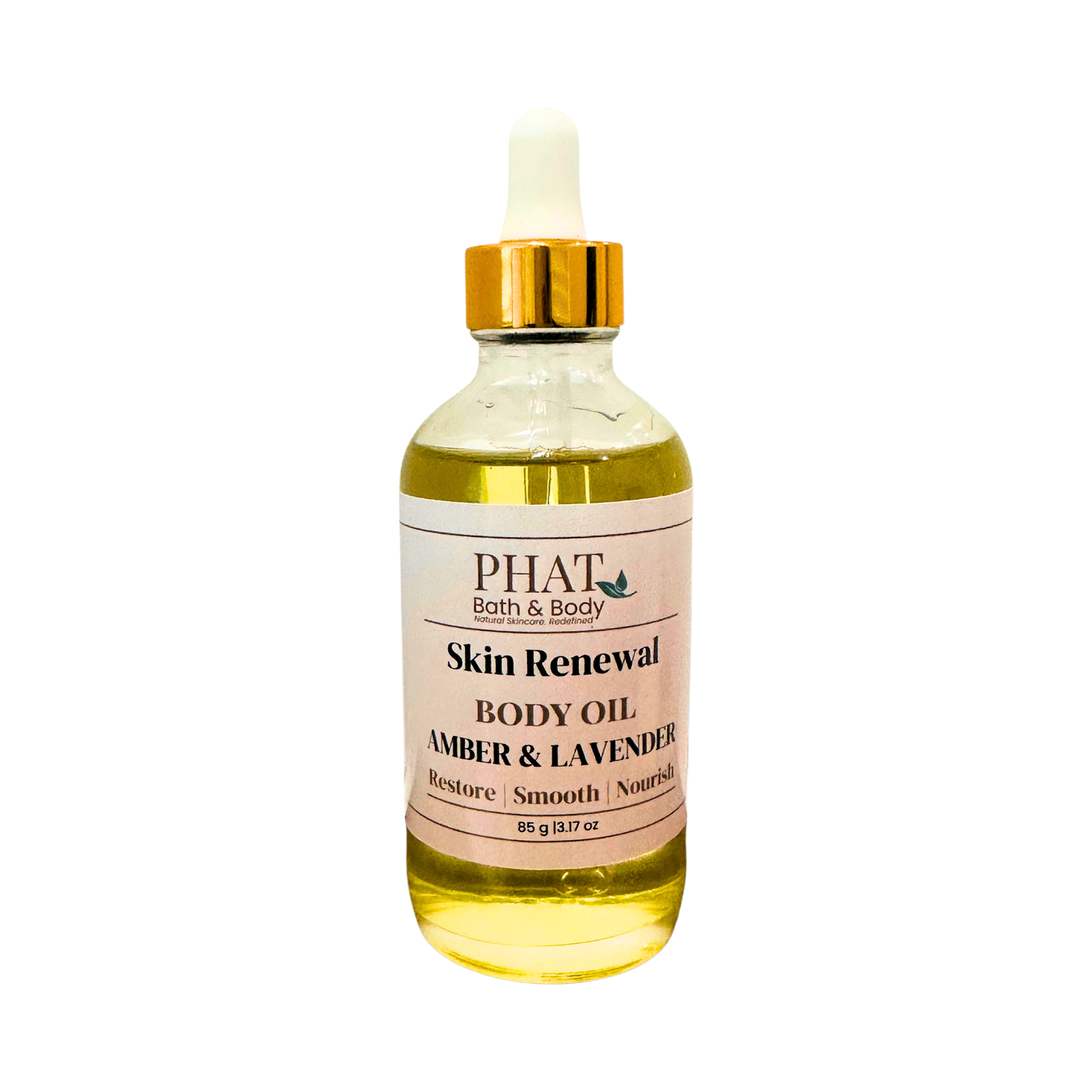 A bottle of PHAT Bath & Body Skin Renewal Body Oil in the Amber & Lavender scent, featuring a clear glass bottle filled with golden-yellow oil, a white label, and a gold cap with a white dropper, set against a plain white background.