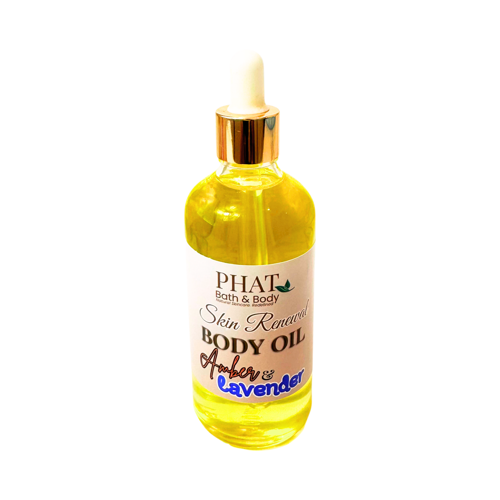 Bottle of Phat Bath & Body body oil with a gold cap on a white background